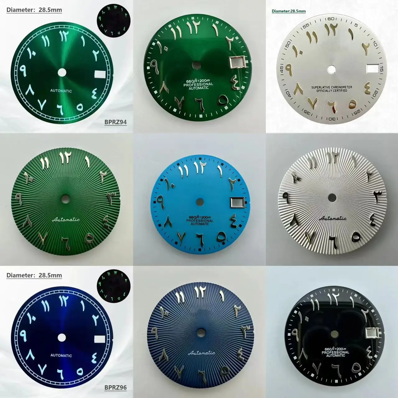 28.5mm Non Luminous Green Blue Black Arabic Numeral s logo Dial Installation NH35 Automatic Movement Luminous 29mm Arabic Dial