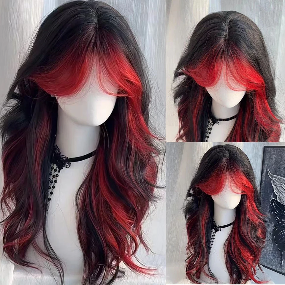 Synthetic Wig Female Punk Style Black And Red Bangs Dyed Medium Cut Highlight Dyed Long Curly Hair Personalized Headban