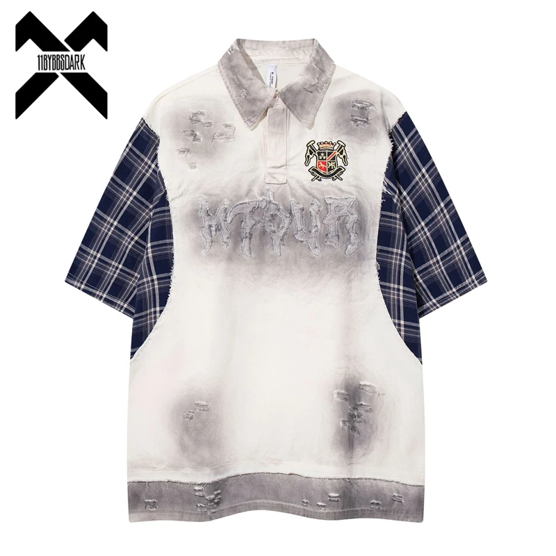 

Vintage Dirty Wash Distressed Polo Shirt Men's Short Sleeve Color Block Tops Grunge Streetwear Polo