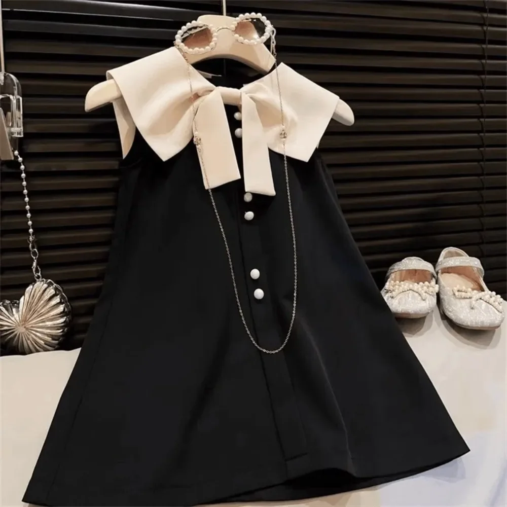 Korean Version Black Sleeveless Kids Clothes Summer New Bow Decoration Girls Dress Birthday Party Princess Dresses 2-7 Years Old image 2