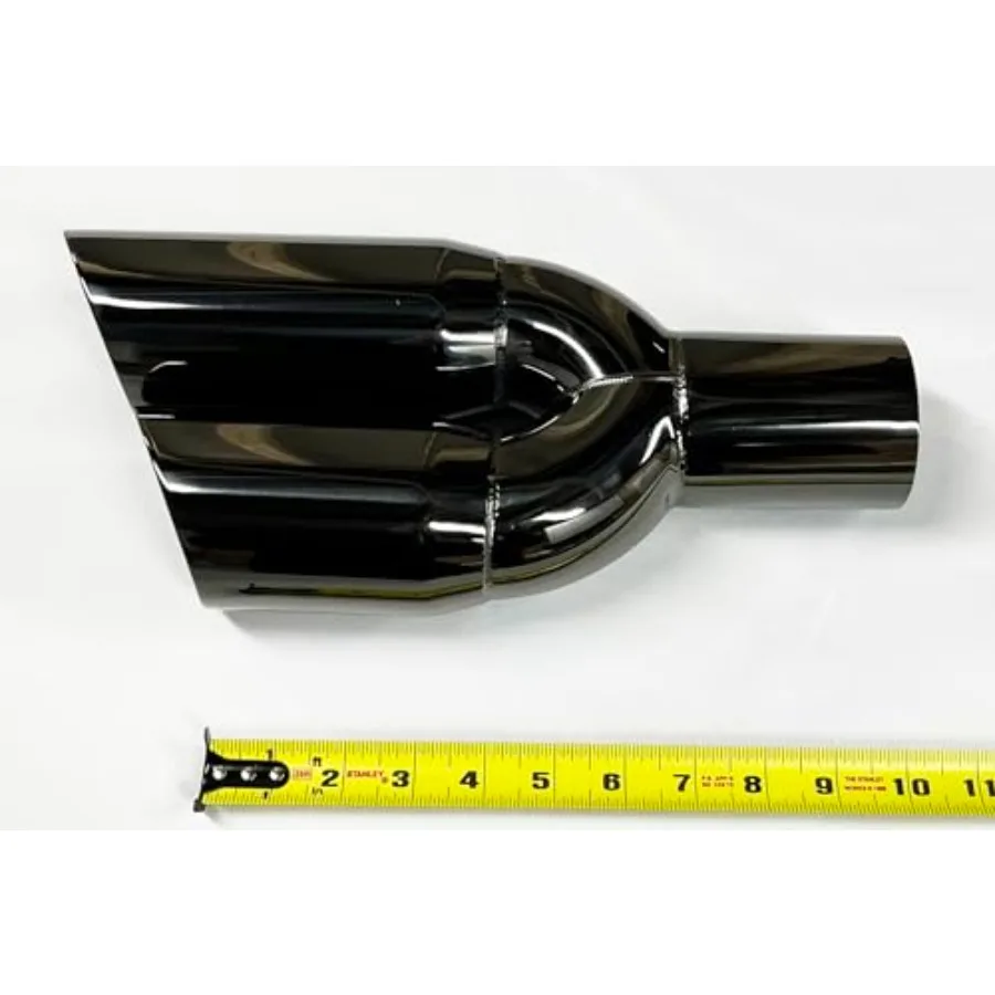 Ujung Knalpot Dual Round Slant dengan Inlet 3.00 dan Outlet 3.00, Panjang 13.00, Finishing Hitam Chrome pada Baja Tahan Karat 304, Ideal untuk Hi