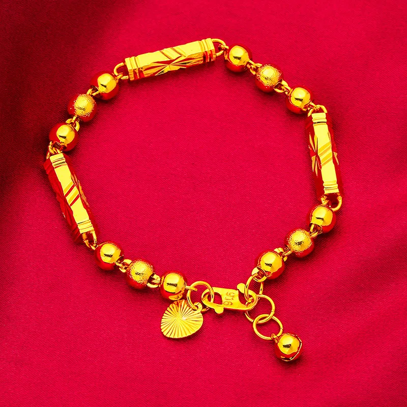 

Hexagon Bead Bracelet for Women, 24K Gold, AU999 | Polished hexagon & round beads on elastic cord, modern geometric charm.