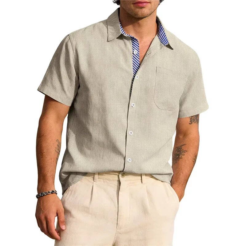 

Summer Lapel Collar Button Linen Short Sleeve Casual Shirts Man American Style Beach Blouse Chic Breathable Tops Business Shirt