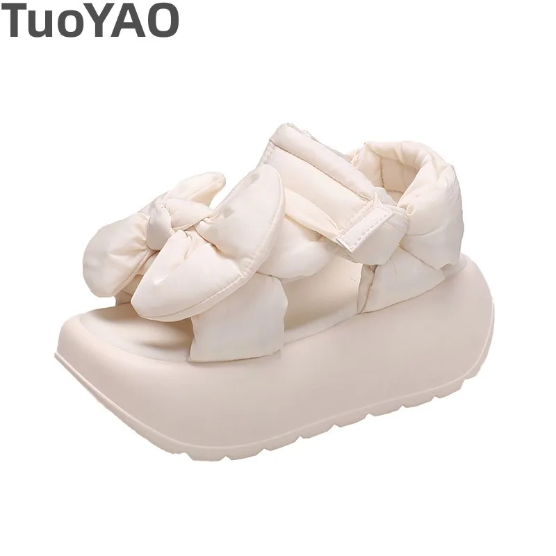 

Platform Ankle Strap Sandals Women Summer Thick Bottom Shoes 7CM Wedges Heels Casual Sandals Comfortable Black Bowknot Slippers