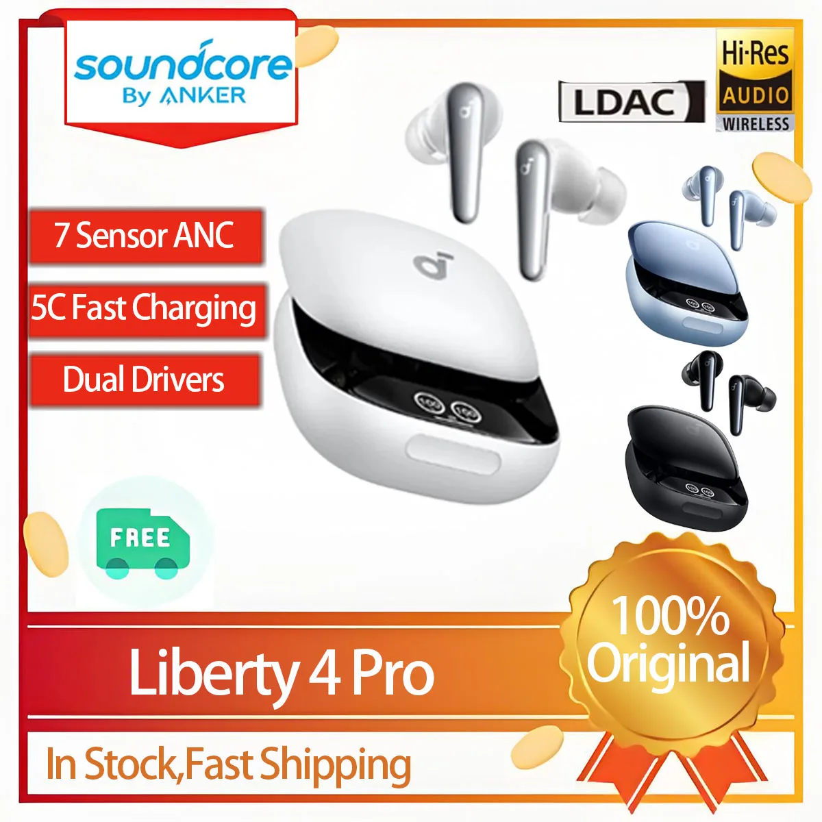 Оригинальные беспроводные Bluetooth TWS наушники Anker Soundcore Liberty 4 Pro, спортивные наушники с шумоподавлением и высоким разрешением