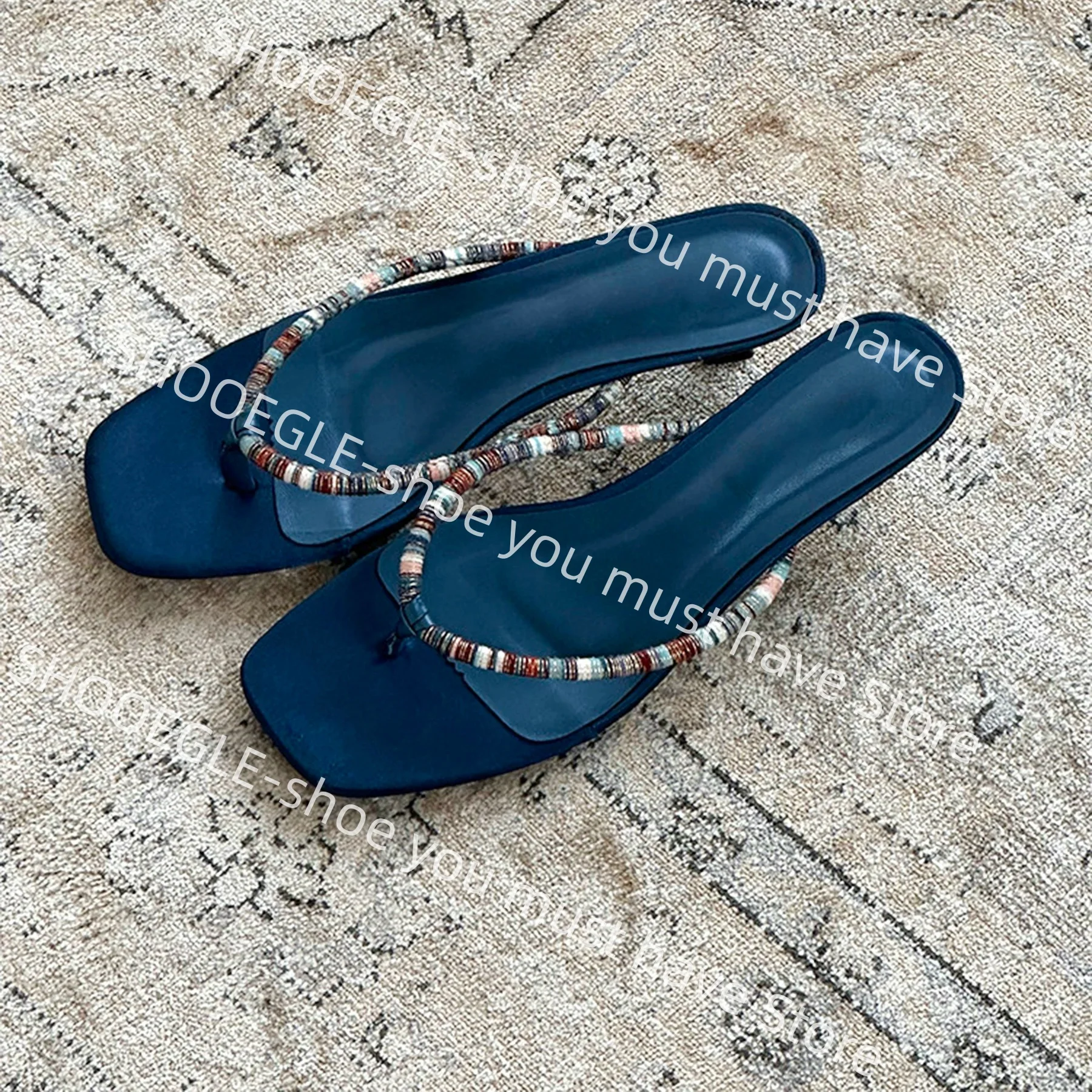 

Women's Blue Beaded Thong Square Toe Kitten Heel Mule Slide Sandals Slip-On Design Ladies Summer Beach Vacations Casual Slippers