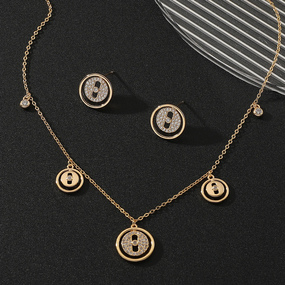 Women Fashion Trendy Zircon Choker Necklace Earring Set Round Design Wedding Party Adjustable Necklace Jewelry Set ​Accessory