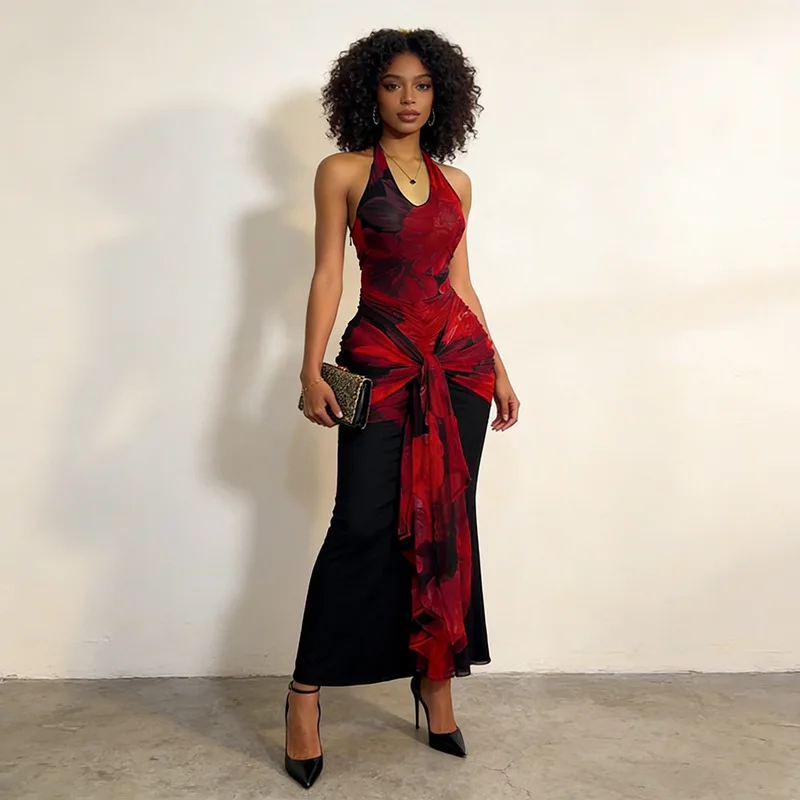 

Neck Wrap Hip Ruffle Hem Bow Lace-up Dress 2026 Summer New