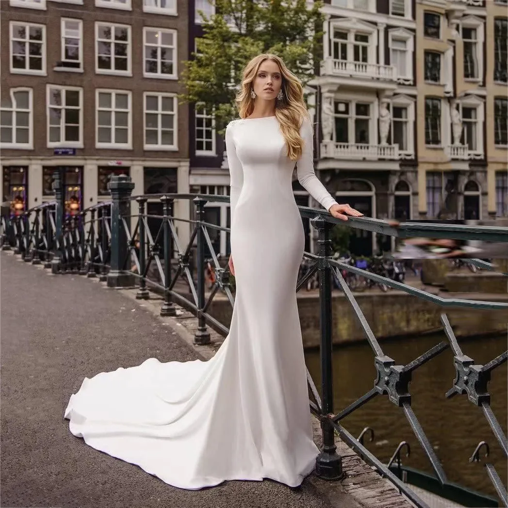 

Elegant Mermaid Wedding Dress Woman's Sexy Backless O Neck Long Sleeve Formal Muslim Lace Appliqued Satin Bride Gown Customized