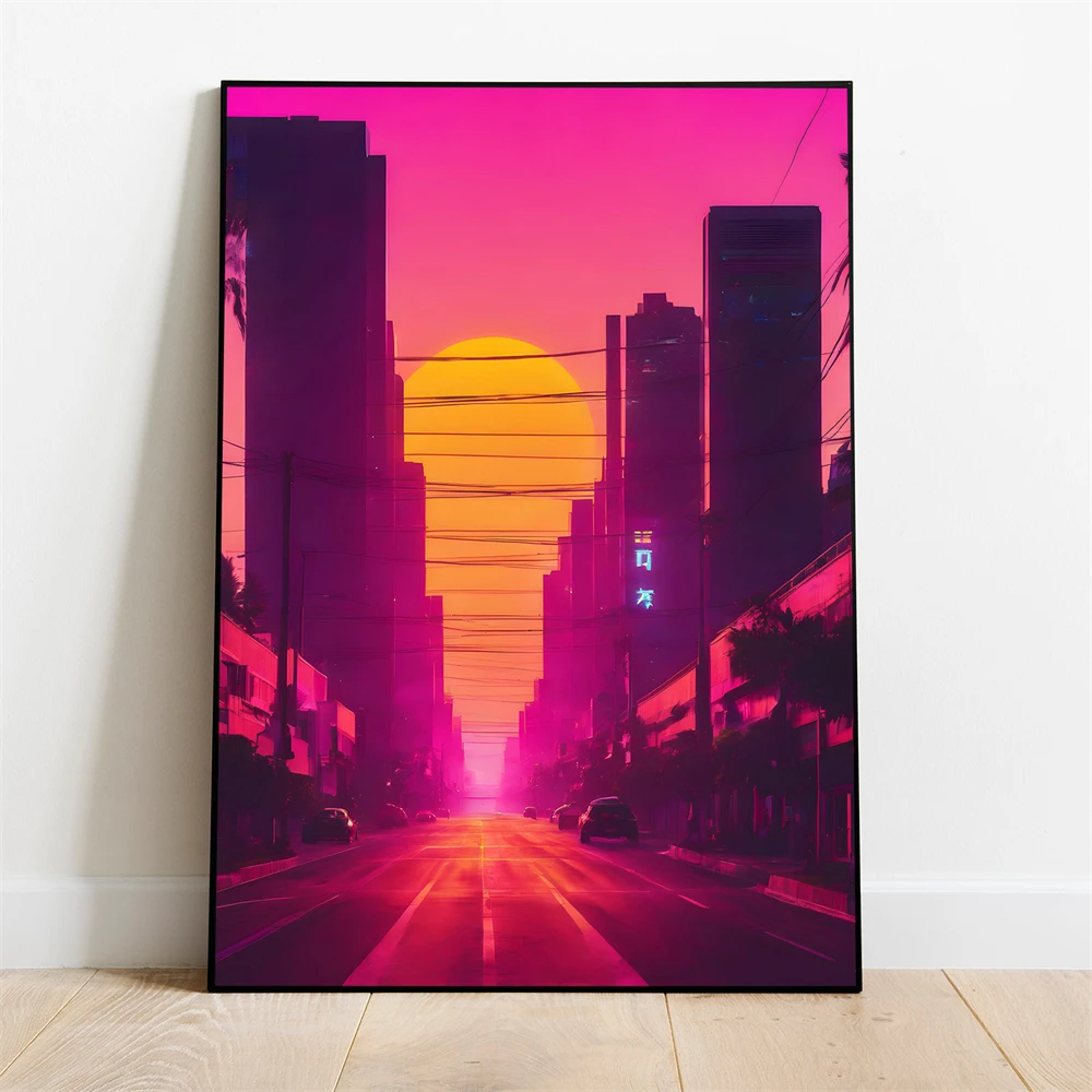 Synthwave Poster Print Wall Art Cyber City Print 80s Nostalgia Futuristic Gaming Room Decor Home Bedroom Wall Decor
