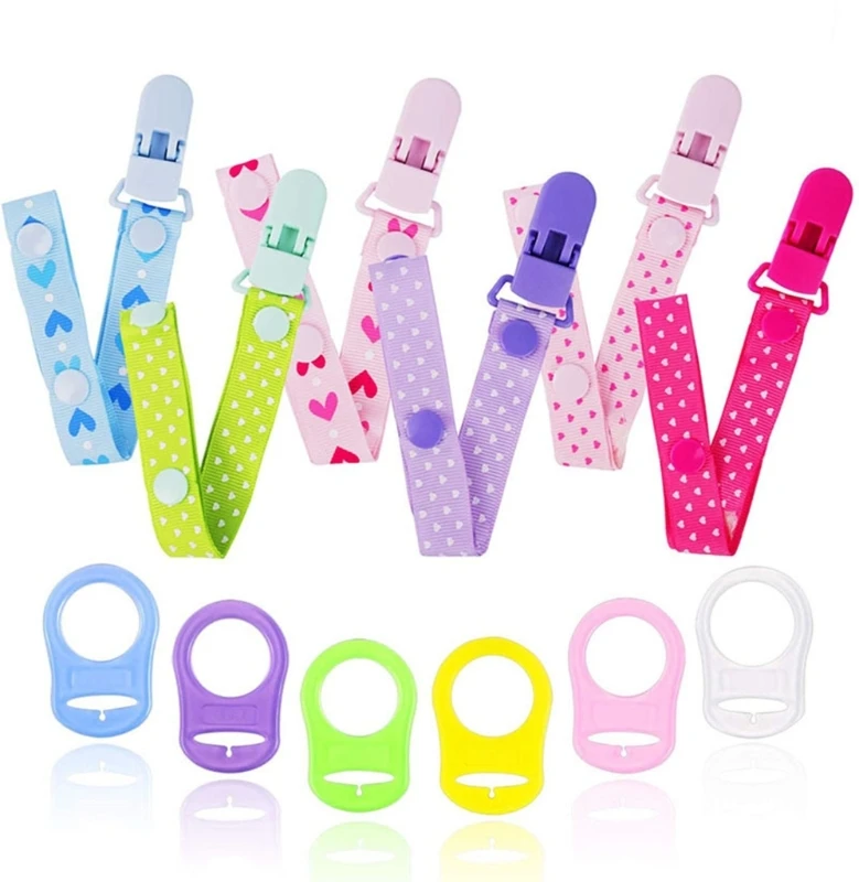 Baby Pacifier Holder with Silicone Gaskets Heart Pattern Nursing Teether Holder Soother Nipple Leash Strap