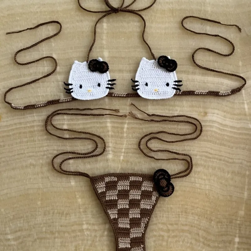 Kwaii Womens Swimming Suit HelloKitty Crochet Bikini Set2 Pieces Lady's Bathing Suits Sexy Micro Bikinis Ties Swimsuit  Swimwear