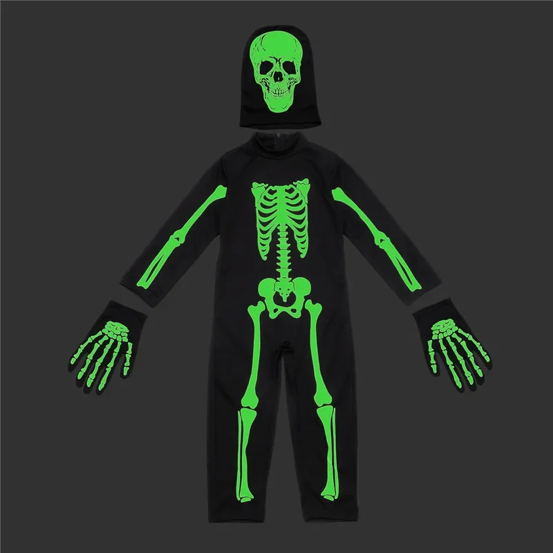 

Детский светящийся в темноте комбинезон со скелетом от 3 до 12 лет с перчатками ужасов, маска на Хэллоуин, костюм для детей, страшный костюм для ролевых игр всего тела