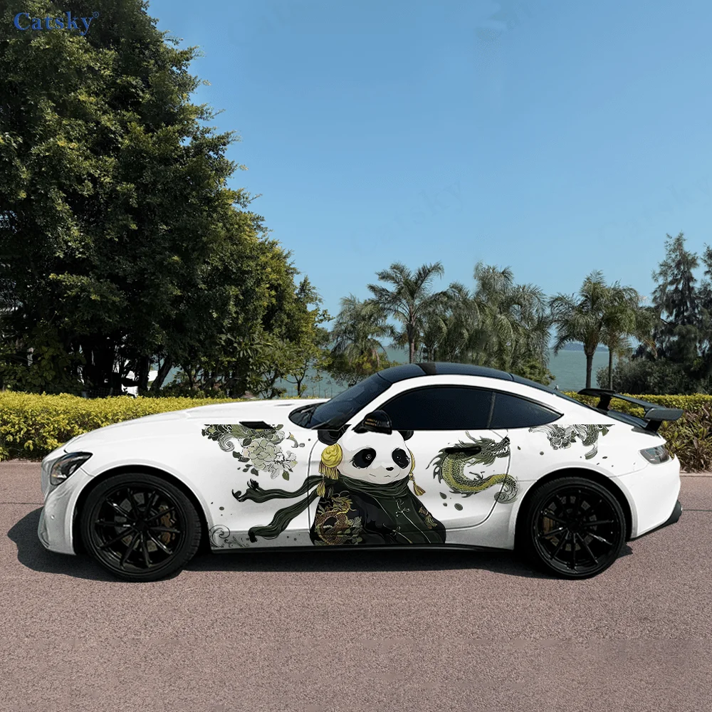 Panda Play with Dragon Color Car Vinyl Wraps Decal Self-adhesive PVC Sticker Suitable for Trucks SUV Decor Auto Accessories Gift