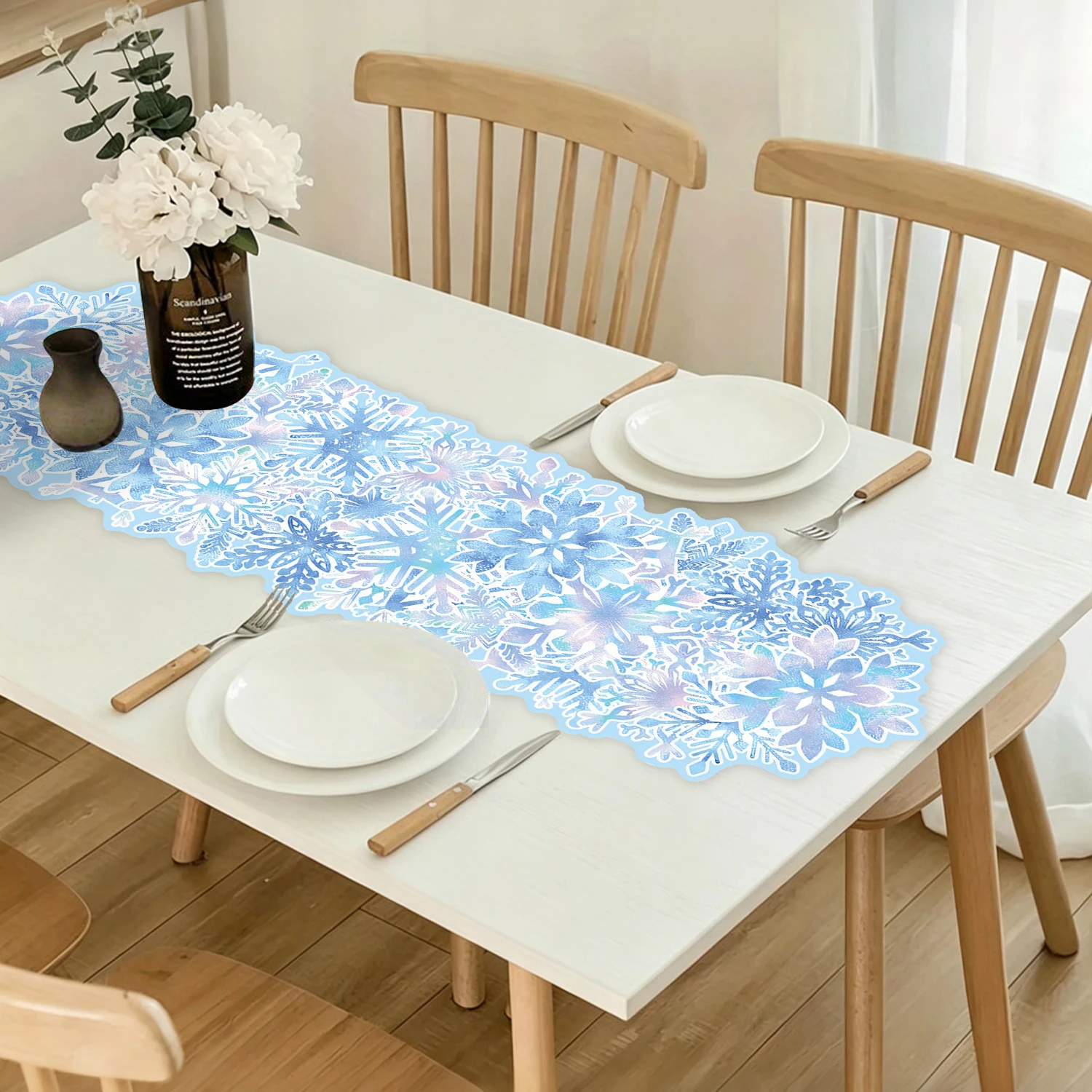 Christmas Snowflake Table Runner Blue Iridescent Snow Table Decor Winter Holiday Table Runner for Home Party Kitchen Decor