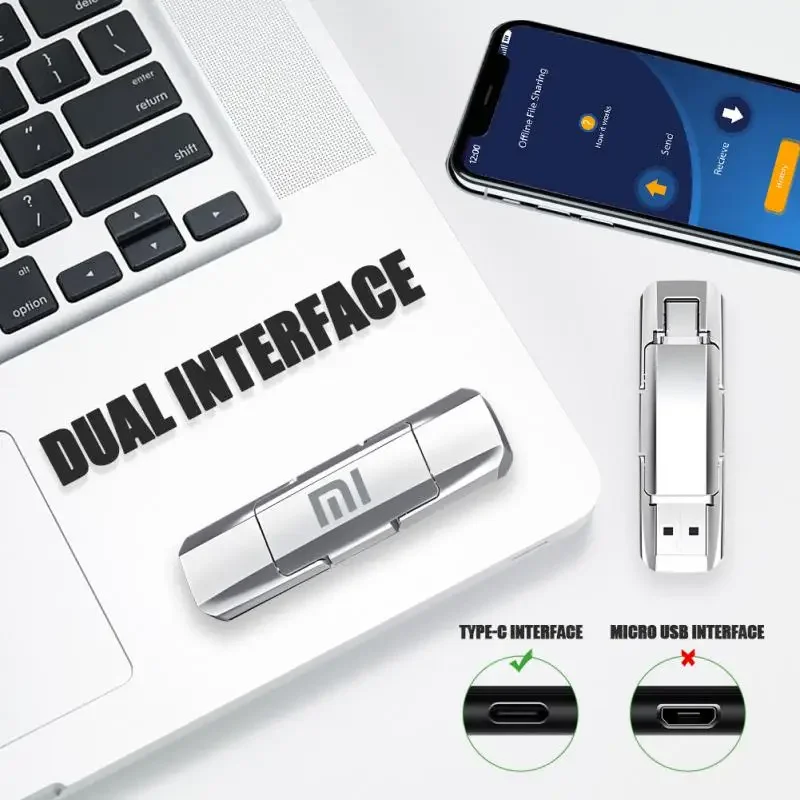 New Xiaomi 2TB Metal U Disk 2 IN 1 OTG 1024GB 64GB Flash Drive USB 3.1 512gb 256gb Pen Drives Memory Stick Type C Adapter Gifts