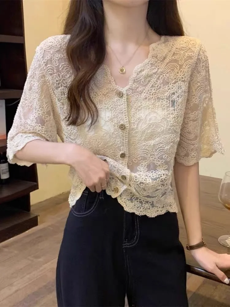 Ele évider dentelle Protection solaire soie Cardigan femmes irt superposition conception oulder poinçon petit Jaet trajet d'été...