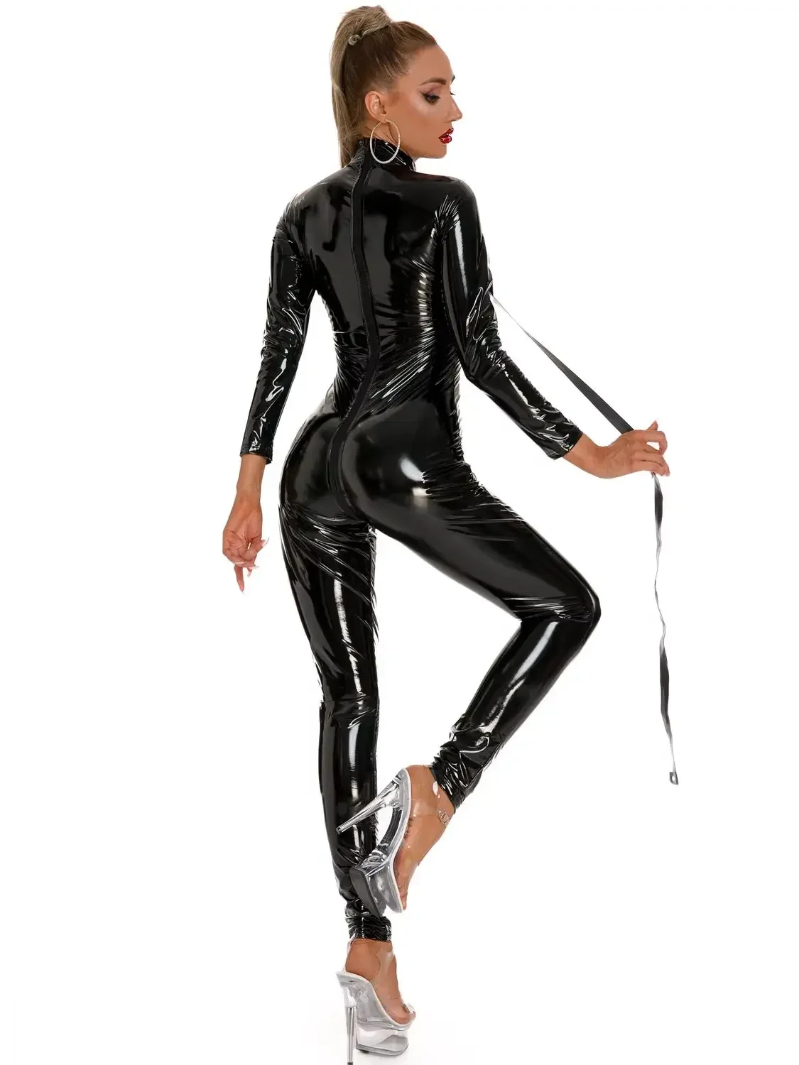 New Wet Look PVC Catsuit Long Back Zipper Open Crotch Bodysuit Shiny PU Leather Jumspuit Tight Leotard Conjoined Cosplay Unitard