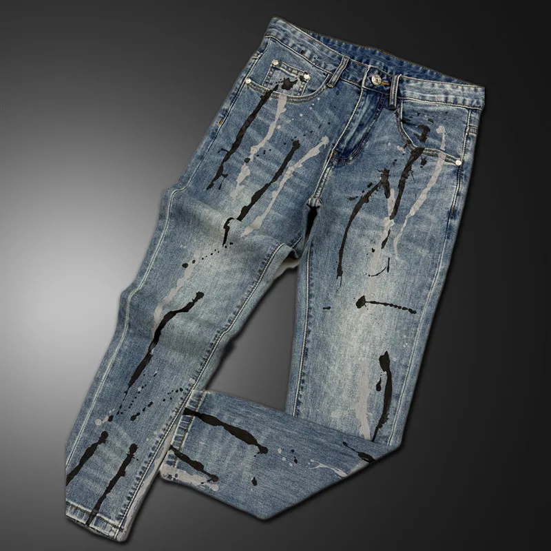 

European Fashion Brand Inkjet Cropped Jeans For Men 2025 New Light Luxury Elastic Slim Fit Small Feet Versatile Jean Slim Homme