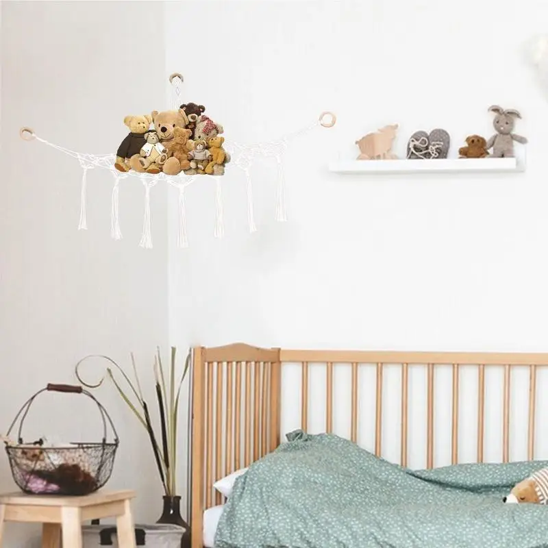 Toy Hammocks Wall Corner Hanging Storage Net Organizer Woven Kids Stuffed Mesh Hammock Baby Animal Rope Hammock Bag Cotton