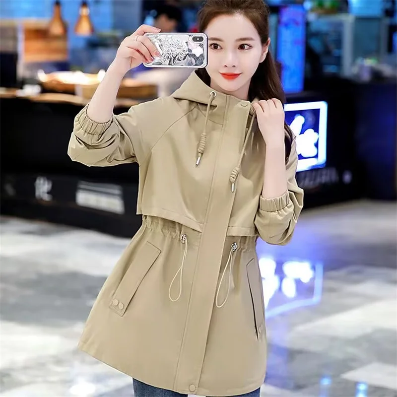 

Korean Autumn Lady With Lining Cloth Jacket British Style Women Mid Length Version Windbreaker Coat Female Long Sleeved Outwear