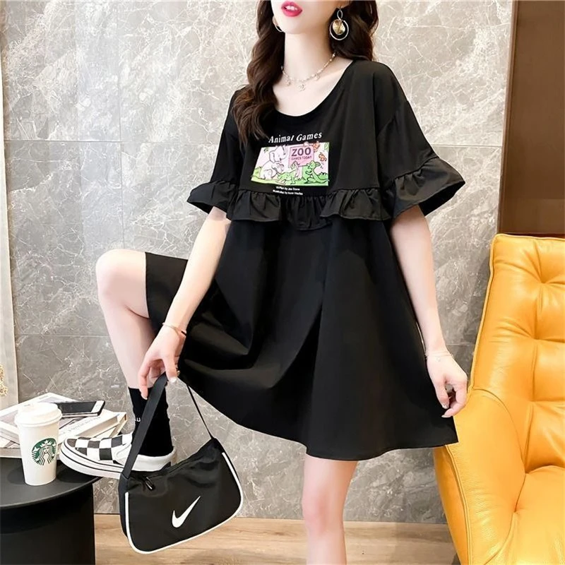 Mini vestido de babados feminino manga curta, streetwear casual, vestidos de camiseta extragrandes, estampa da moda do verão, doce, Kawaii, Y2K, 2023