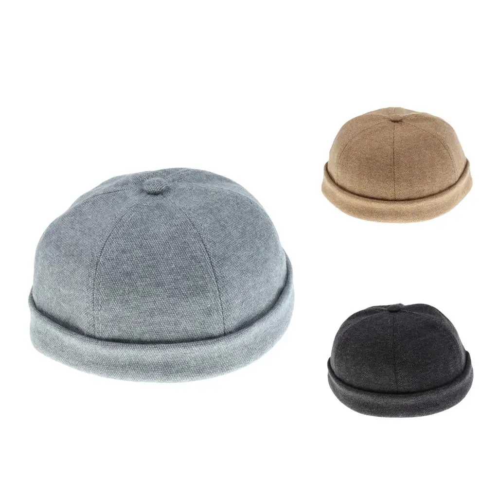 Vintage Cotton Navy Watch Cap Unisex Rolled Cuff Beanie Retro Docker Hat Brimless Strap Back Skullcap for Outdoor Daily Fashion