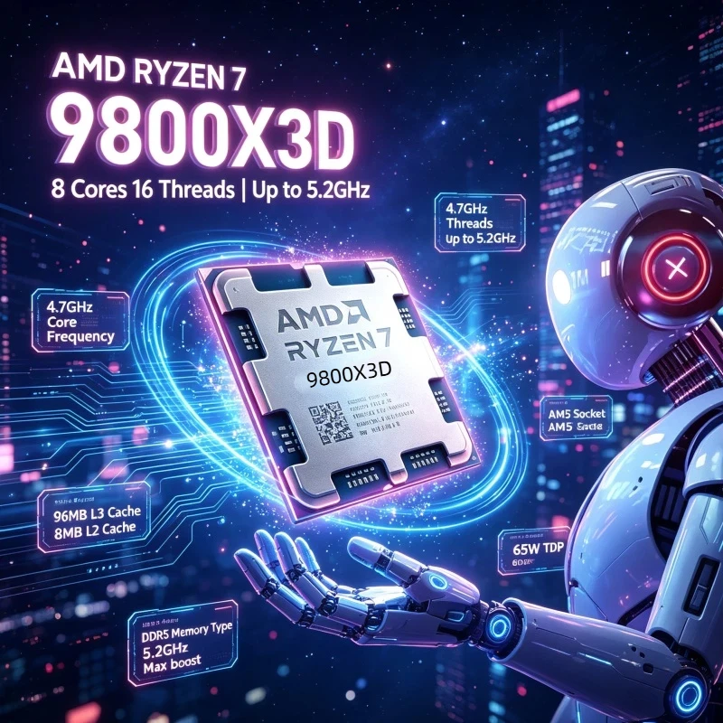 AMD Ryzen 7 9800X3D for Gaming Streaming CPU 8 Core 16 Thread 96MB L3 Cache 5.2GHz AM5 DDR5 4nm Desktop Processor 120W