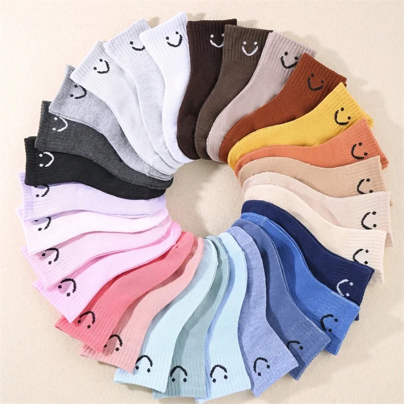 20 Pairs Toddler Kids Smiley Pattern Crew Socks Soft Elastic Breathable Mid Calf Socks Fashion Solid Color Casual Sports Socks