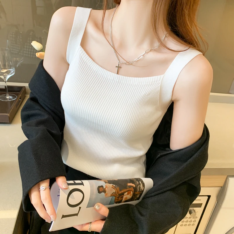 

Knitted Women Sweater Vest New Spaghetti Strap Black Knit Sweater Vest Women Tops Outerwears Sweaters Sueter Feminino 2025 Q1064