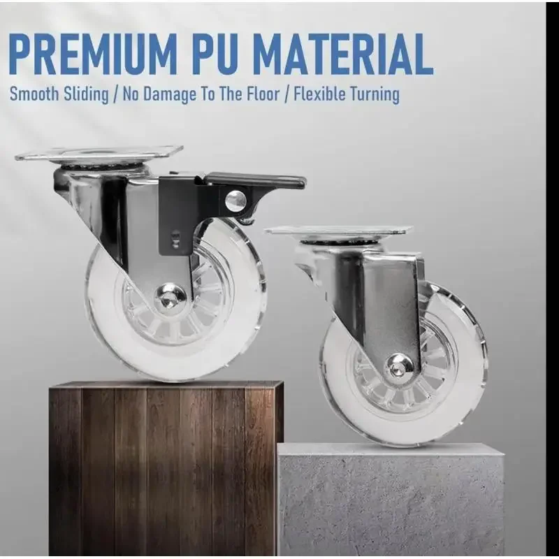 4 Pcs 3-inch Clear Pu Swivel Casters With Brake -universal Flat Base & Threaded Stem For Furniture & Carts