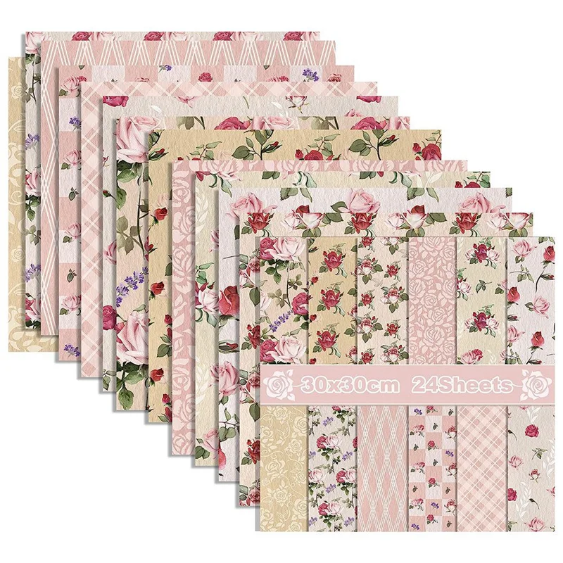 Dupla Face Aquarela Cardstock Floral, Scrapbook Paper, Fazendo Cartões, Cartões DIY, 24 Folhas, Rosa, 12x12 polegadas