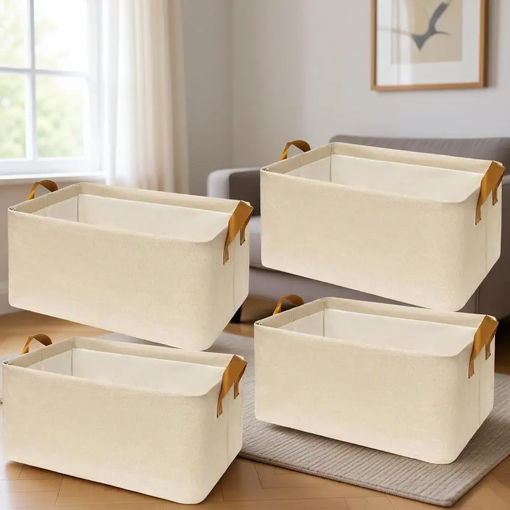 

6-Pack Medium Beige Fabric Storage Bins with Handles for Closet Organization