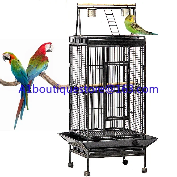 Luxury Large Space Black Stainless Steel Metal Iron Parrot Canary Pet Bird Cage with Wheels