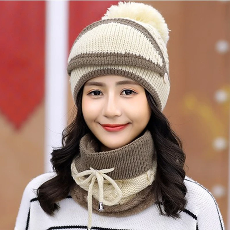 Knitted Scarf Hat Set Warm Women\'s Winter Outdoor Cycling Sports Ear Protection Hat Scarf No brim Pullover Hat