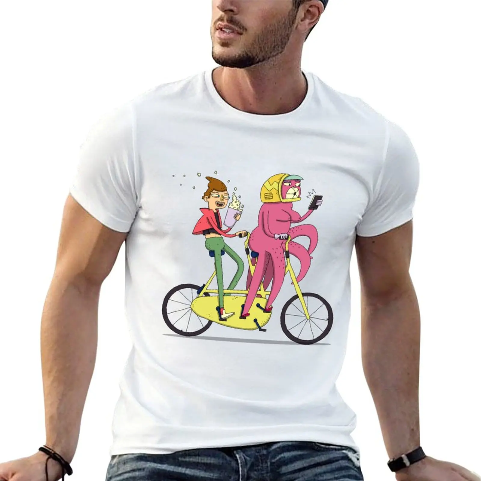 Two Silly men on Their Tandem Bike T-Shirt Street Fashion Casual Tee Shirt