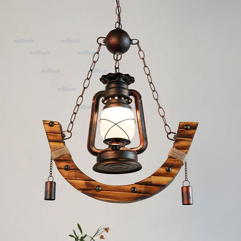 

Vintage Metal Pendant Lamp Glass Barn Lantern Ceiling Chandelier Hotel Cafe Bar Living Room Bamboo Suspension Hanging Lighting