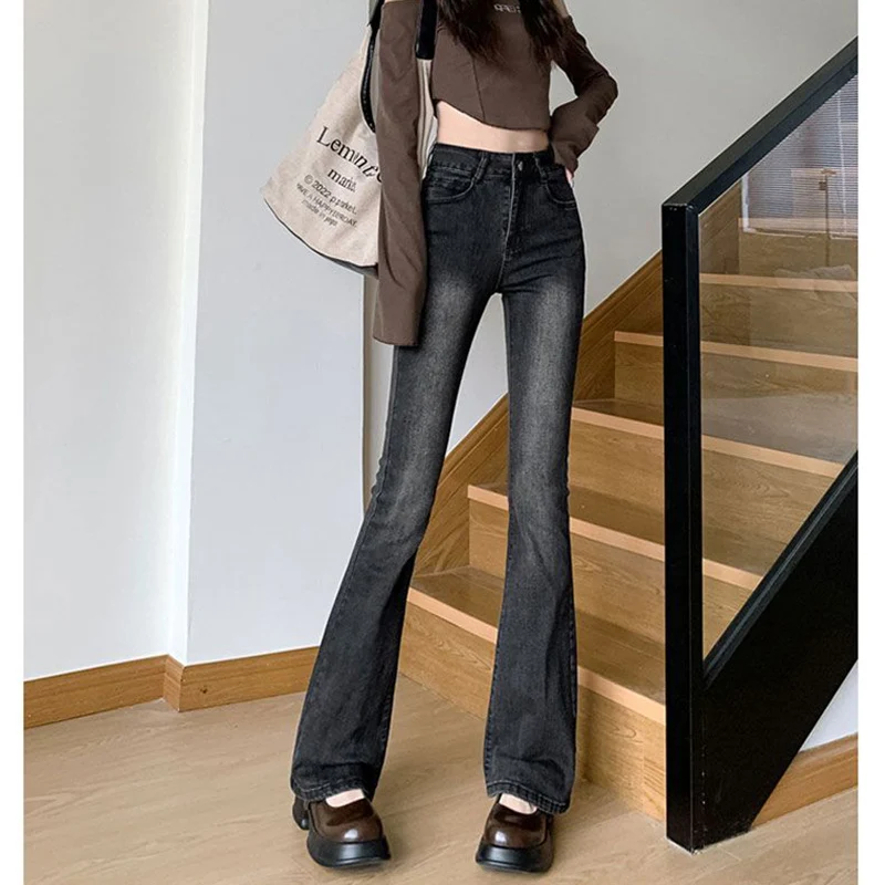 Pantalones vaqueros acampanados negros y grises para mujer, pantalones vaqueros clásicos finos de cintura alta, moda coreana, pantalones de pierna recta