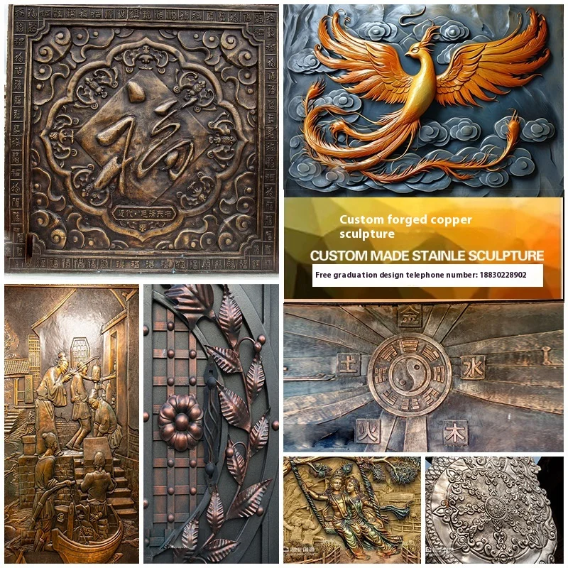 Scultura in rilievo di rame fuso rosso in rame forgiato, ornamento culturale da parete per esterni, scuole, quadrati, piastrelle per soffitto in fibra di vetro
