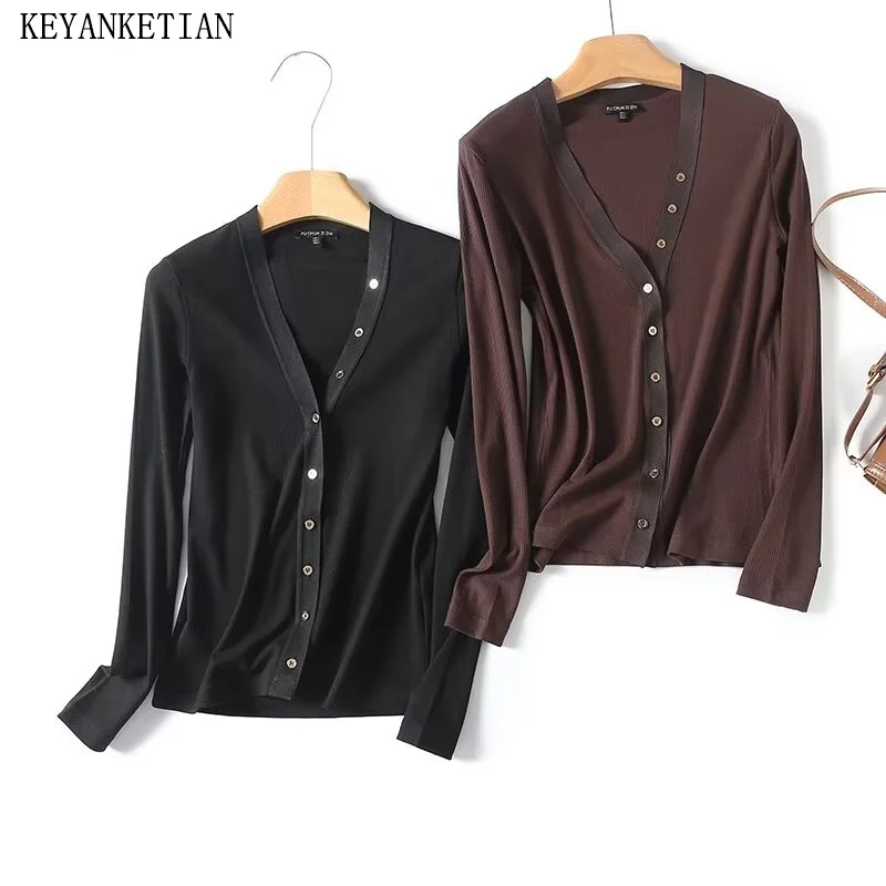 

KEYANKETIAN 2024 New Launch Women's Spring Single Breasted Knit Top Simply Basic V-Neck Slim Elastic Thin Crop Knitwear Female