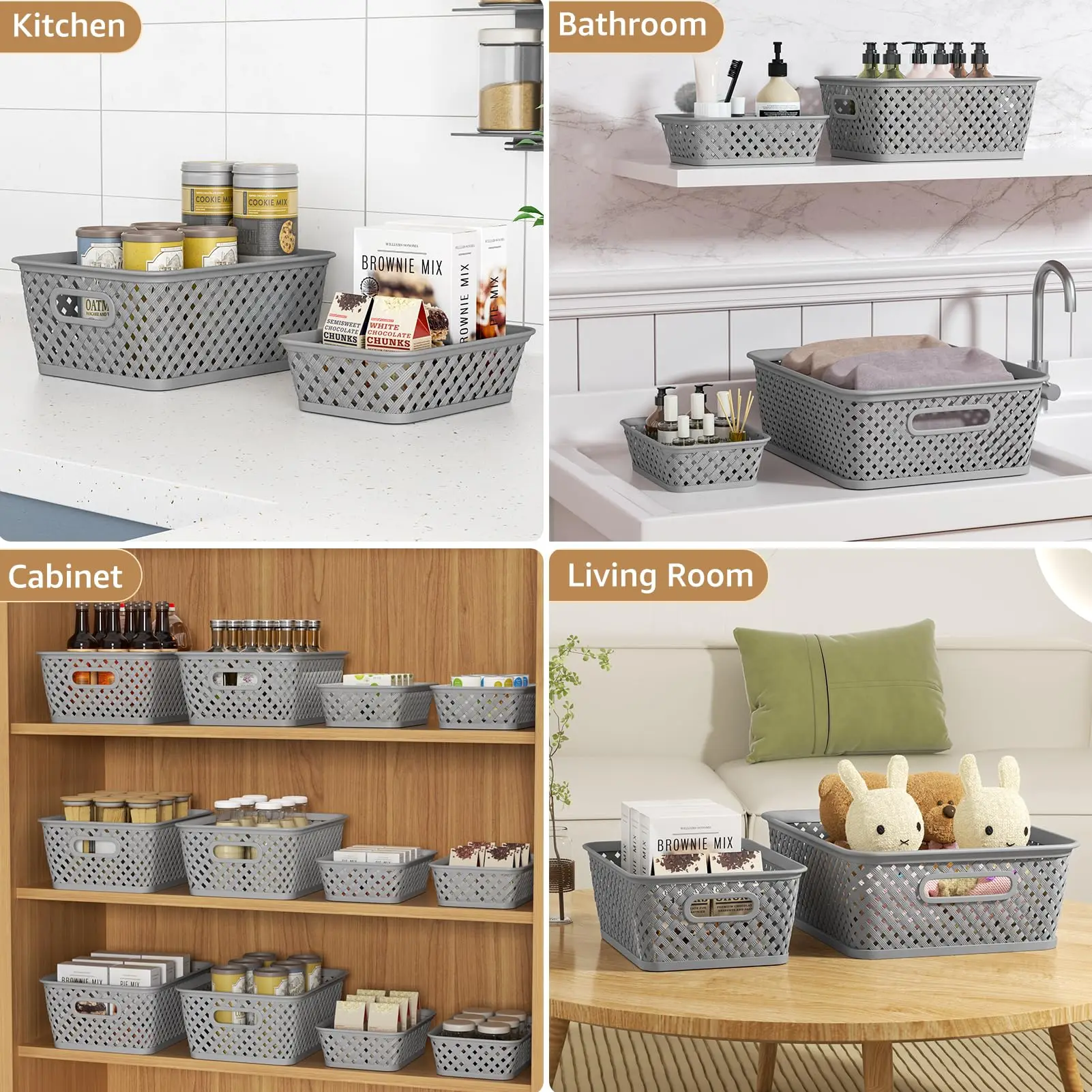 3 Pcs Plastic Storage Baskets Organization Elegant Woven with Window-View Small Storage Bins Organization Baskets for Home