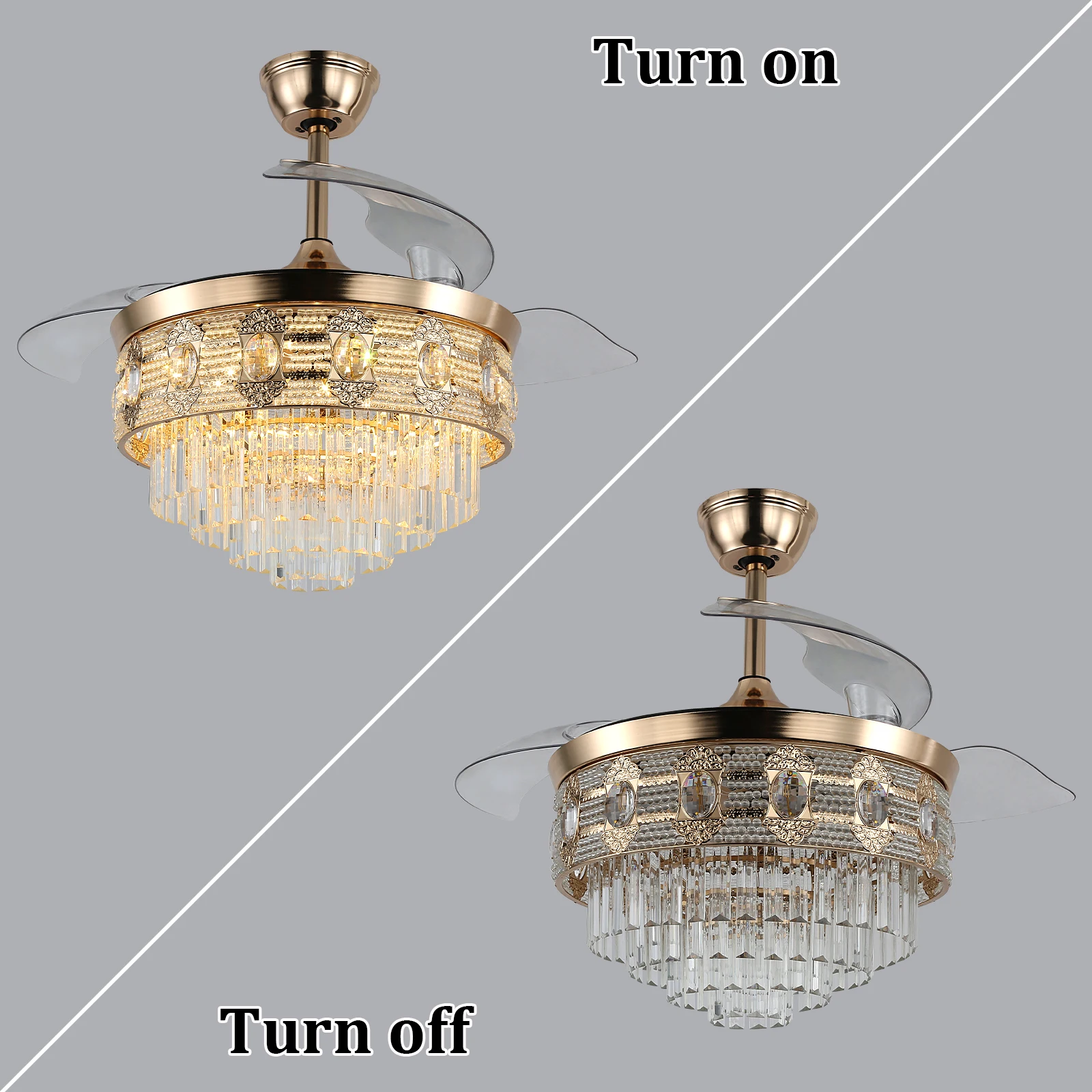 Modern Smart Ceiling Fan Chandelier Gold RC Adjustable 6 Speed Pendant Light Luminaire Bedroom 3 Heads Led Fandelier Lamp Indoor