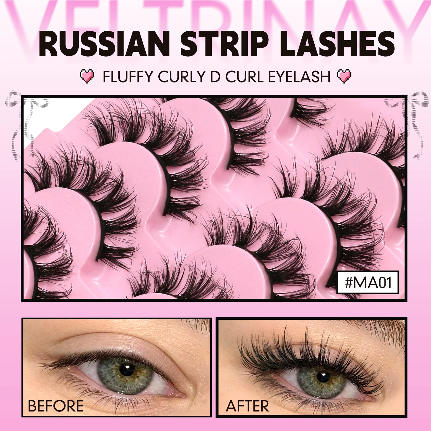 Veltrinay Falsche Wimpern, russische Wimpern, natürlicher Look, D-lockige gefälschte Wimpern, russischer Streifen, künstliche Nerz-Wimpern, Make-up