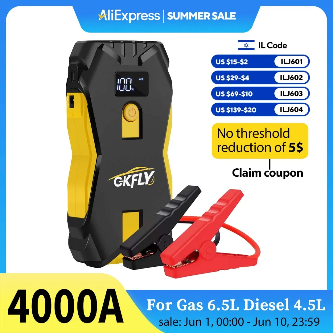 GKFLY 3000A/4000A Car Jump Starter Portable 12V Petrol Diesel Starting Device Cables Portable Power Bank Car Battery Buster