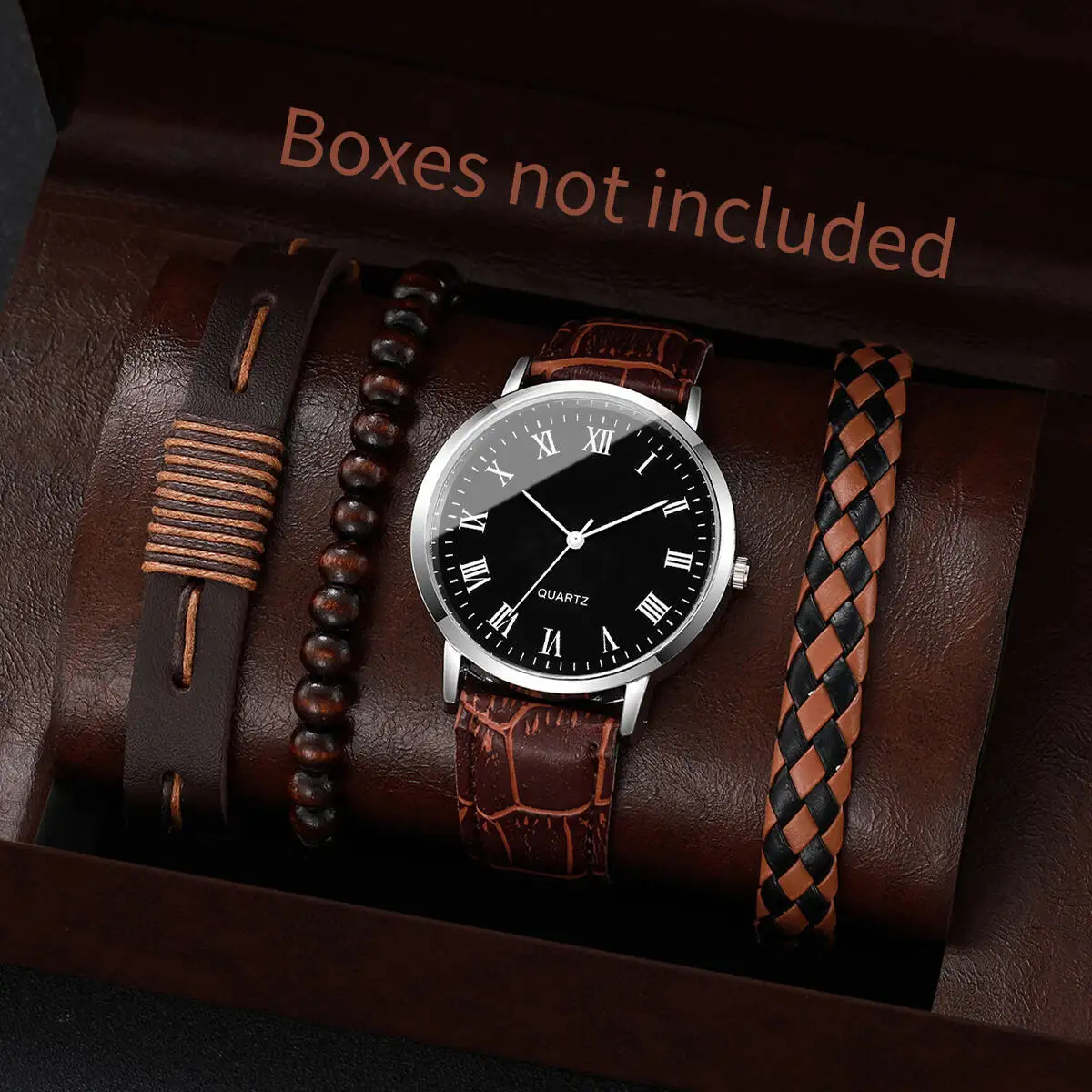 4/5PCS 패션 남자 시계 팔찌 세트 캐주얼 가죽 스트랩 비즈니스 쿼츠 시계 남자 시계 Reloj Hombre (상자 없음)