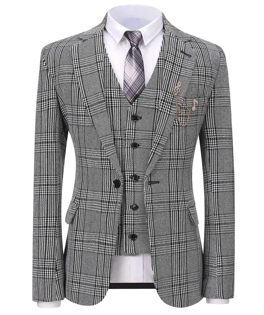 Men's 3 Pieces Suit Formal Slim Fit Shawl Lapel Plaid Tweed Prom Party Tuxedos Wedding Groomsmen (Blazer+Vest+Pants) Customized