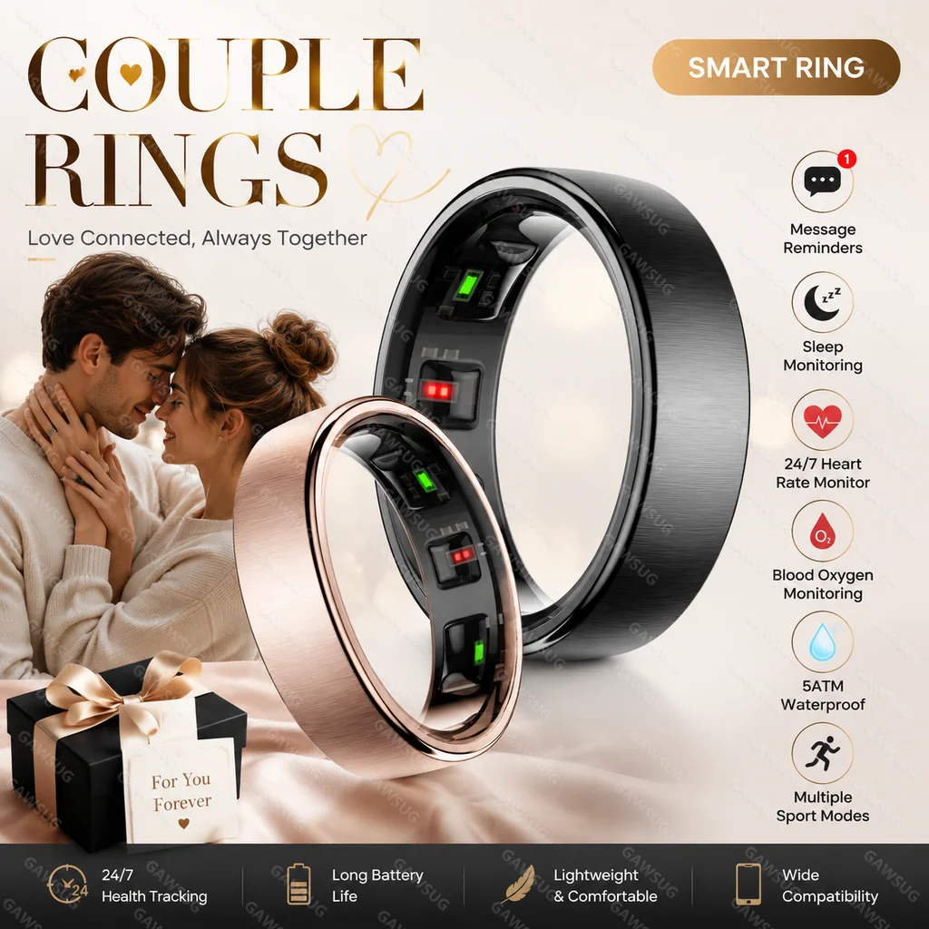 Wireless Charging Smart Ring Couple Women Health Tracker 5ATM Waterproof SpO2 Heart Rate Sleep Monitor Fitness Gift Men Women