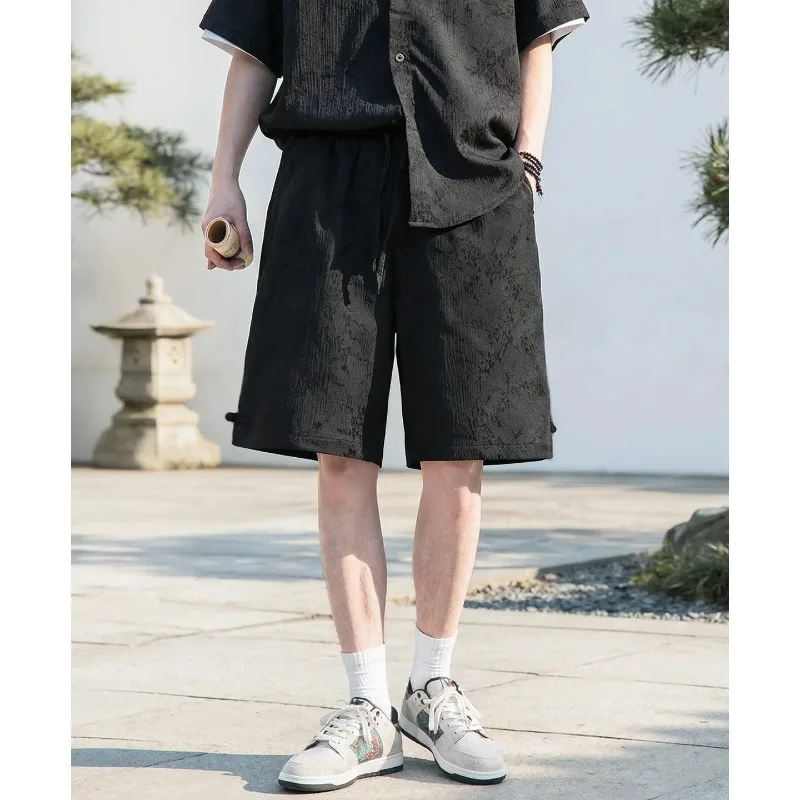 TFETTERS Casual Shorts Men Summer  Embroidery Frog Button Design Loose Wide Leg Drawstring Vacation Beach Knee Shorts
