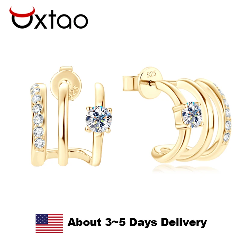 OXTAO-pendiente de diamante moissanita chapado en oro blanco de 18k, aros para Piercing medio pequeño, pendientes de plata 925 para mujer, joyería