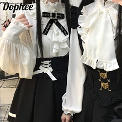 Dophee Original Landmine System Bow Stand Collar Long Sleeve Women Blouses Love Single-breasted Casual Shirts Cute Girls Top